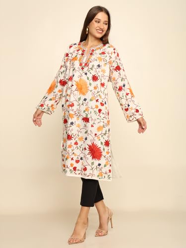 CRAFTBAZAR Kashmiri Full Embroidered Woolen Phiren (Cream)