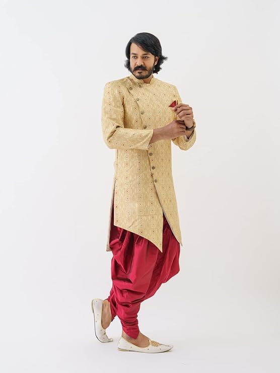 Amzira Brand Boy Mens Sherwani Style Indo Western Dhoti Dress Set (Medium)