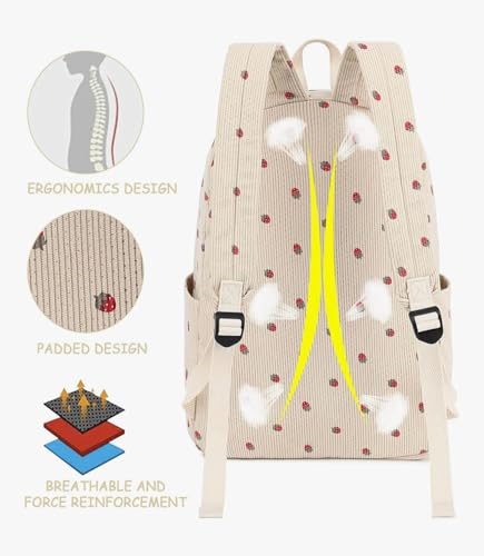 Satic School & College Backpack for Teens Large 25L Corduroy Bookbag Lightweight for Girls Women Lightweight Travel Backpack (Strawberry Beige)