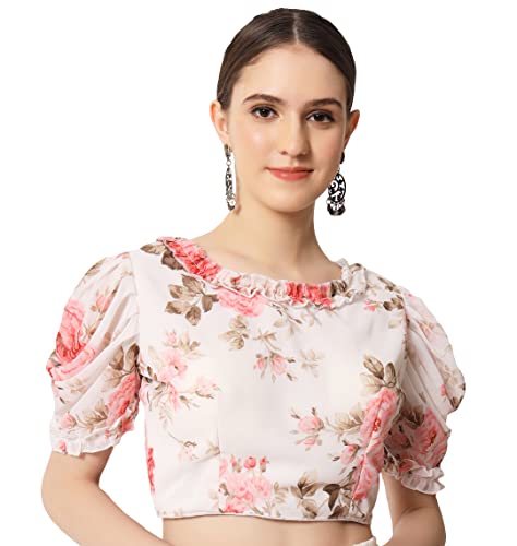 ANTHARI DESIGNER Women's Floral Printed Indian Ethnic wear Georgett Puffy Sleeve Round Neck Line Frill Pattern White Saree Blouse Simple Trendy Blouse White