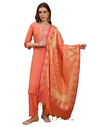 Rangavali Coral Peach Cotton Silk Embroidered Festive Suit Set With Bararasi Zari Woven Dupatta | Family Function, Office Festive & Wedding Ethnic Wear Suit Set | XL, 38