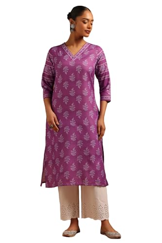 Soch Womens Purple Poly Linen Botanical Kurta with Bead Details