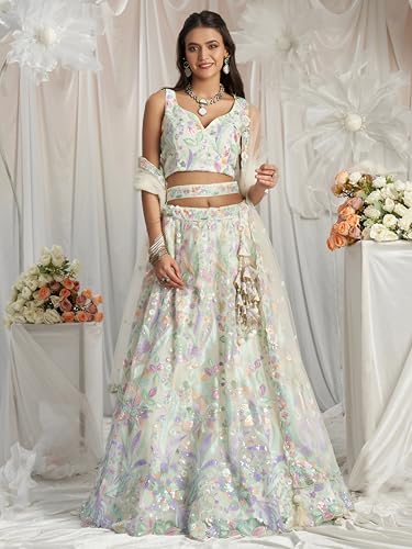 Zeel Clothing Women's Sequins Embroidered Work Soft Net Lehenga Choli With Dupatta (6020-White-Women-Lehenga-Choli-New; Free size)