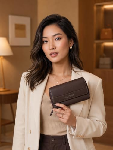 Calfnero Zodiac Women's Genuine Leather Large Zip-Around Wallet - RFID Blocking Clutch Purse | Organizer with 7 Card Slots, ID Window & 2 Secure Compartments - Dark Brown