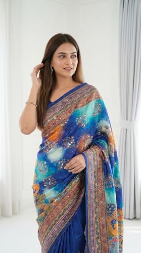 SHANTVAN GALLERY Women's Roman Silk 3D Position Print Peacock Saree with Real Mirror Work & Kodi Latkan – Festive Occasion Saree with Blouse Piece (Royal Blue)