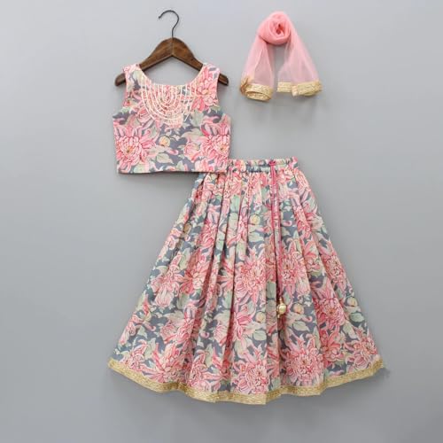 Leons Fab Girls Grey & Pink Floral Print Lehenga Choli Set | Kids Traditional Ethnic Wear | Sleeveless Ghagra Choli with Net Dupatta for Festival & Party (Multicolor, 3-4 Years)