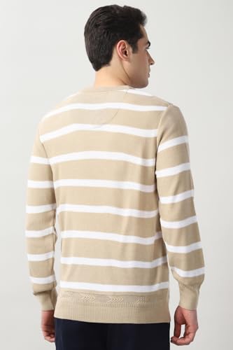 Men Beige Stripe Crew Neck Sweater
