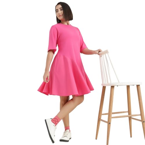United Colors of Benetton Round Neck Solid Dress (Size : S) - 26P3099W3823I02A Pink