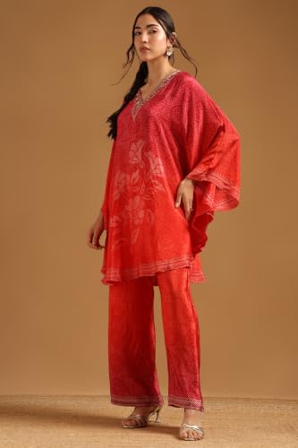 Soch Womens Red Crepe Botanical Printed Kaftan Suit With Sequins