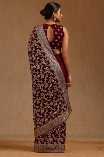 Soch Womens Wine Georgette Embroidered Saree With Stone Work