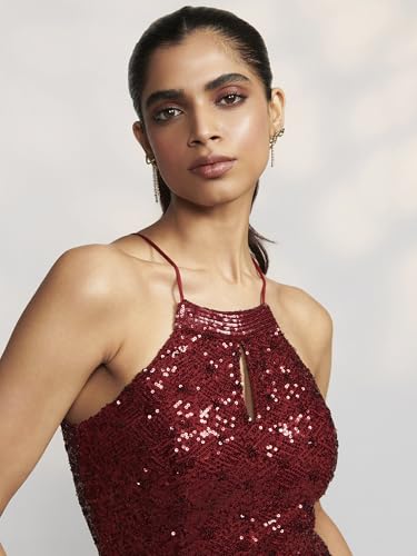 Label RITU KUMAR Red Corsica Halter Neck Long Dress