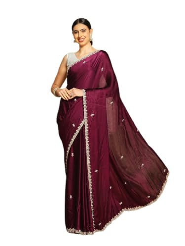 Meena Bazaar Women's Chinon Saree | Premium Traditional Saree | Wedding Guest, Festive & Celebration Saree