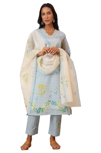 W for Woman Blue Checker Chanderi Straight Kurta, Pants and Dupatta Set (Size: S)-WS12497-125420