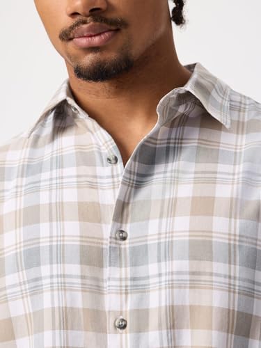 The Souled Store Plaid Shirt: Butternut Men and Boys Long Sleeve Spread Collar White and Beige Plaid Cotton Blend Lightweight Easy to Style Everyday Office Wear Casual Relaxed Shirt