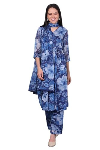 W for Woman Blue Floral Printed Lace Chiffon Straight Kurta, Parallel Pants and Dupatta Set (Size: 3XL)-WS13055-126479