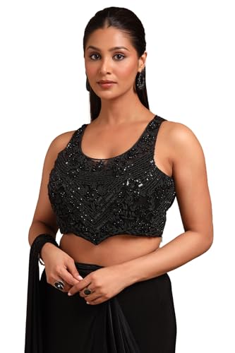 Soch Womens Black Nylon Blend Solid Ready To Wear Saree With Beads And Stones
