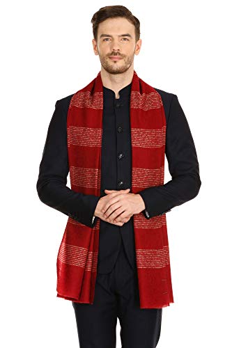 Pashtush Woven Mens Fine Wool Stole, Stiped Design, Mens Muffler, Warm Cashmere Feel (Maroon)