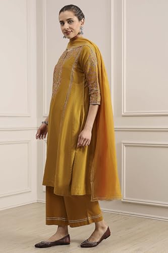 Biba Women Mustard Cotton Blend Kalidar Dyed Suit Set_36
