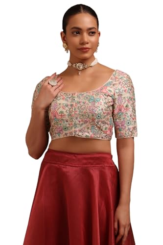 Soch Womens Cream Art Silk Floral Print Padded Blouse with Zari