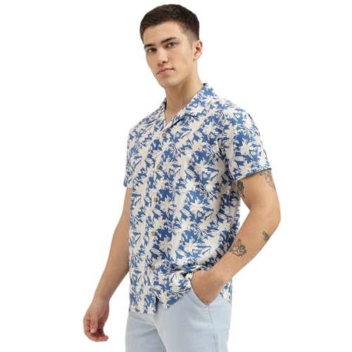 UNITED COLORS OF BENETTON Regular Fit Spread Collar Botanical Print Shirts (Size: M)-24P5BS71U008I901 Blue