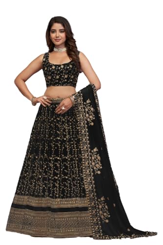 JIHU CULTURE Black Georgette Zari Embroidery Work Semi-Sttiched Lehenga Choli For Women (Black)