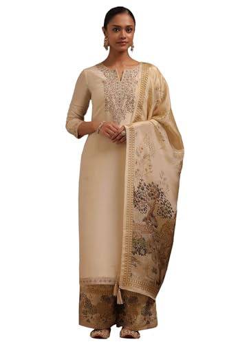 Soch Womens Beige Tissue Suit Set With With Beads and Stones