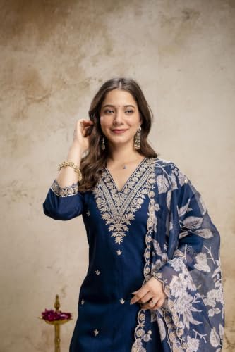 Women's Dark Blue Silk Blend Straight Kurta Set With Dupatta And Pant
