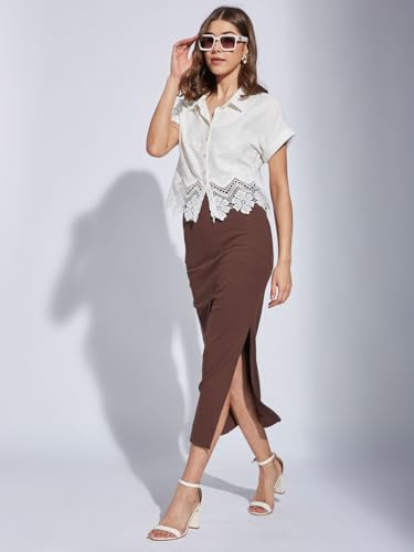 Latin Quarters Women White Collar Neck Half Sleeve Printed Shirt Blouse_L