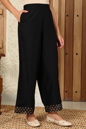 Black Solid Rayon Parallel Pants with Embellished Organza Hemline_24AUW63033-222376_S