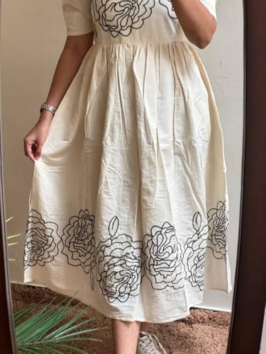 Kalanagri Floral Hand Block Print Cotton Midi Dress with Square Neck & Puff Sleeves Casual Fit & Flare Dress (Off White - XXL)