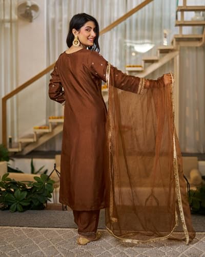 VARNI FABRICS: A lady's First Love Women's Brown Vichitra Silk Embroidered Kurta With Straight Pant And Dupatta, Ethnic Festive Set (IN, Alpha, M, Regular)