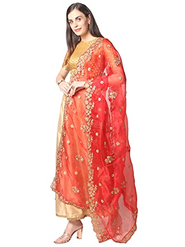 DUPATTA BAZAAR Women's Embroidered Red Glass Tissue Dupatta