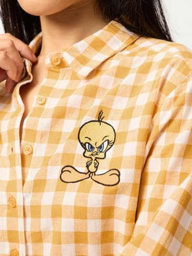 The Souled Store Looney Tunes: Tweety Women and Girls Full Sleeves Collared Yellow Checkered Cotton Linen Blend Regular Fit Lightweight Pop-Culture Embroidered Shirt for Casual Wear