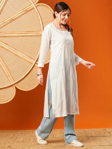 Ada Indian Hand Embroidered Chikankari Cotton Kurti Kurta Tunic for Women 5XL100376 White