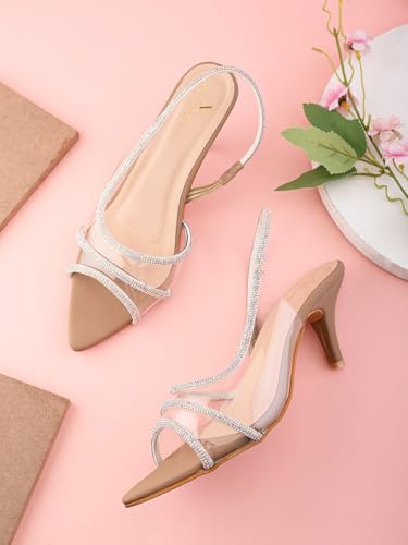 XE Looks Nude Slingback Heels with Clear Straps | Crystal Detailing | Elegant Party Sandals For Girls & Women