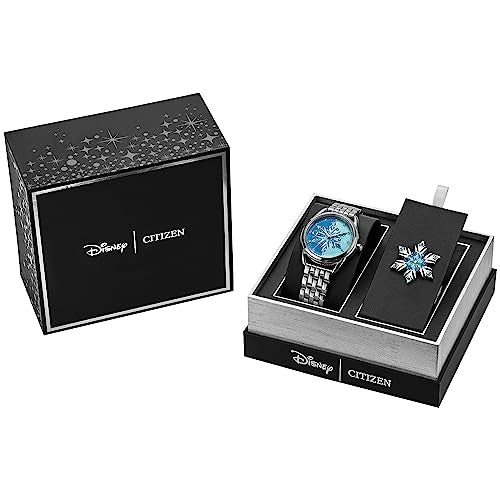 Citizen Women's Eco-Drive Disney Princess Frozen Crystal Analog Watch And Pin Gift Set In Silver Stainless Steel Watch, Blue Dial (Model: Fe7091-61W), Silver, Silver, Bracelet
