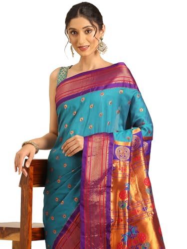 Varkala Silk Sarees Women's Kadiyal Soft Silk Maharani Paithani Saree With Blouse Piece (V262A413-COPR_Rama & Violet)