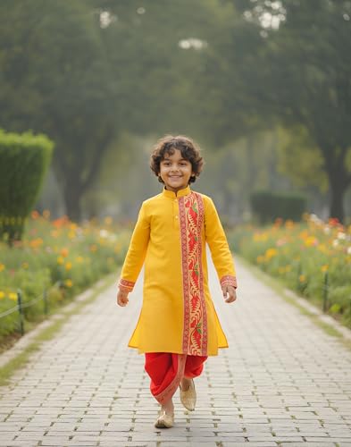 NEEDLE GO TRADITIONAL Boys Cotton Jamdani Kurta with Silk Dhoti Set, Traditional Indian Ethnic Wear, Full Sleeve, 2-14 Years, All Festival, 2 Piece Set for Festivals (YELLOW, 2-3 YEAR)
