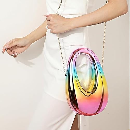 HAYSCH Metallic Acrylic Evening Handbag for Women | Crossbody Sling Bags with Detachable Chain Strap Glossy Stylish Latest Ladies Girls Small Size Cute Party Wedding Bag (Rainbow Oval Sling)