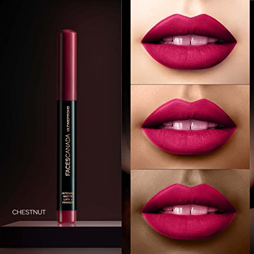 FACES CANADA Ultime Pro HD Intense Matte Lipstick + Primer - Chestnut (Red), 1.4g | 9HR Long Stay | Flawless HD Matte Finish | Intense Color | Lightweight | Smooth Glide | Primer Infused