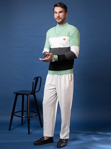 SWAAGLOK - STYLE THAT SPEAKS Men’s Colorblock Mock Neck Sweater | Textured Knit Pullover with Ribbed Hems | Stylish Slim Fit Winter Jumper for Casual & Weekend Wear (in, Alpha, S, Light Green)