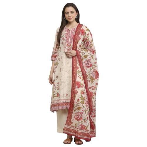 Biba Women Off White Cotton Printed Straight Suit Set_32