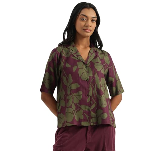 United Colors of Benetton Spread Collar Floral Resort Shirt (Size : XS) - 25A5WVNTOP93I903 Burgundy