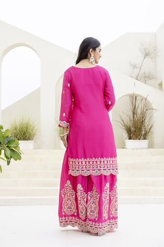 Leeli Peeri Designer Women's Chinon Silk Coding Sequence Embroidery Kurta Sharara Set With Dupatta