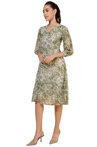 Janasya Women's Olive Georgette Floral Printed A-Line Dress(JNE4347-DR-S)