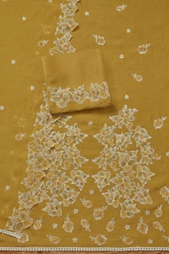 Soch Womens Mustard Mul Chanderi Embroidered Unstitch Dress Material With Thread Work