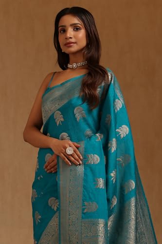 Soch Womens Blue Tussar Floral Zari Woven Saree