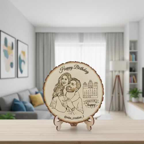 Natural Wooden Slice Photo Frame | 5 Inch Custom Photo Gift Item | Laser Engraved Natural Wood Slice with Stand | Handmade Personalized Gift for Wedding