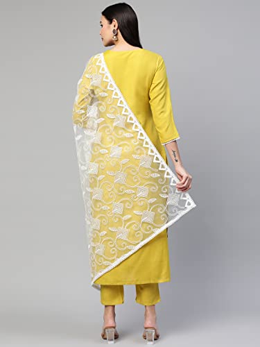 GoSriKi Women's Cotton Blend Embroidered Kurta with Pant & Dupatta (Mukund Yellow_L-Go_Yellow_Large)
