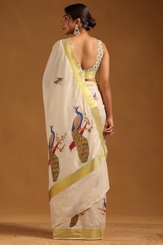 Soch Womens Cream Cotton Bird Motifs Kasavu Saree